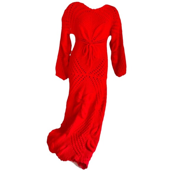 Handcrafted Vintage Red Crochet Maxi Dress by Henrietta Tanuska Beverly Hills CA - Picture 11 of 15